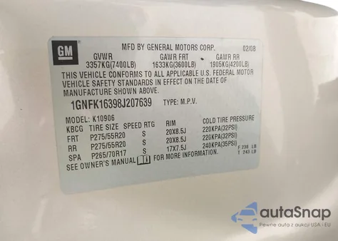 2008 Chevrolet Suburban 1500 Lt z USA, uszkodzony, nr VIN 1GNFK16398J207639